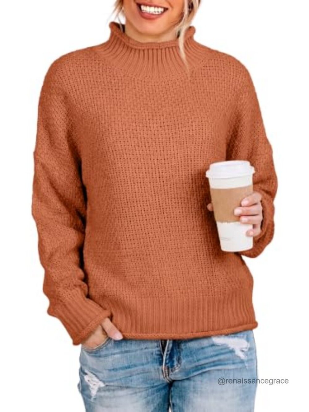 Chunky Cable Knit Turtleneck Pullover Sweater Loose Fit